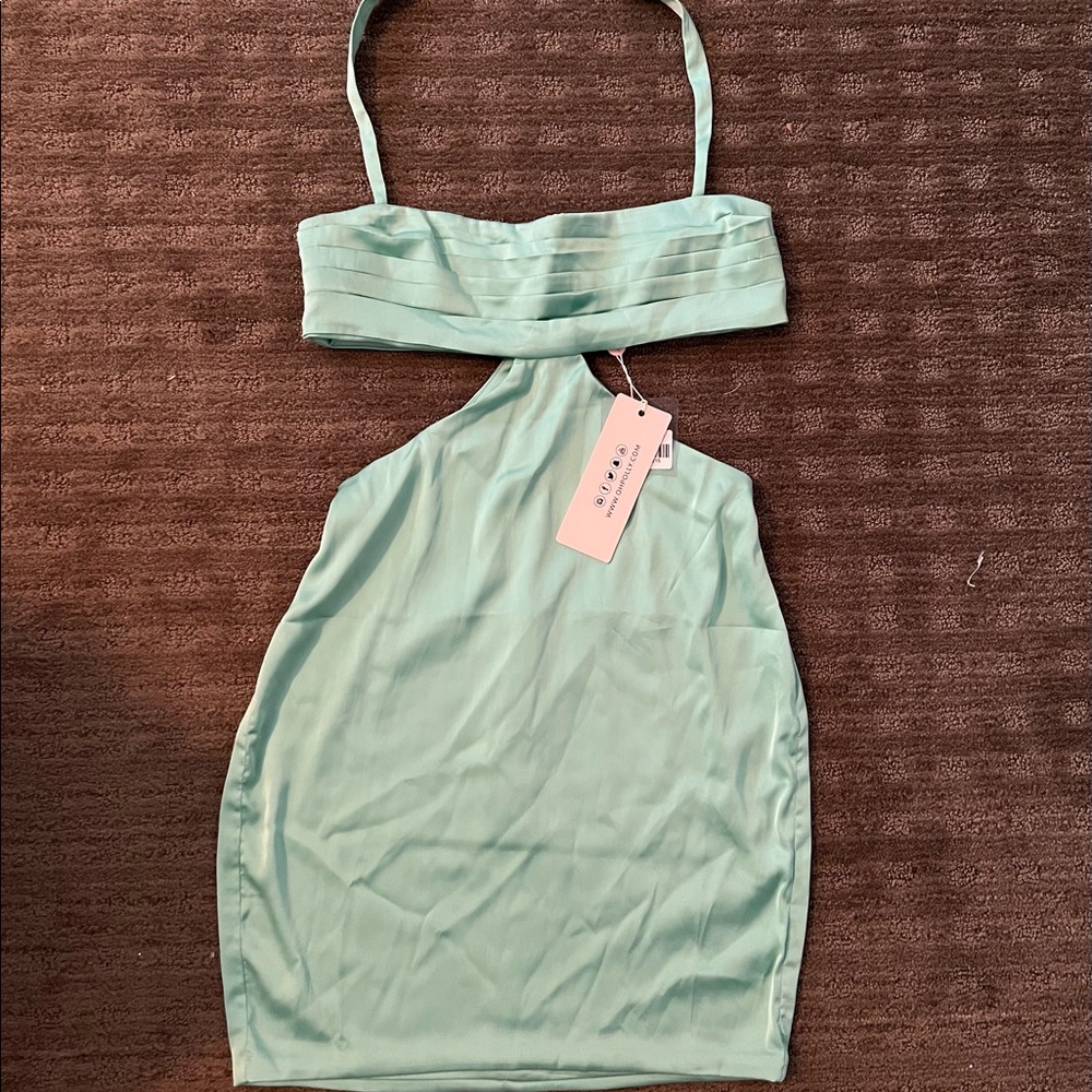 Formal, Teal, silk, halter, bodycon dress with cutouts.